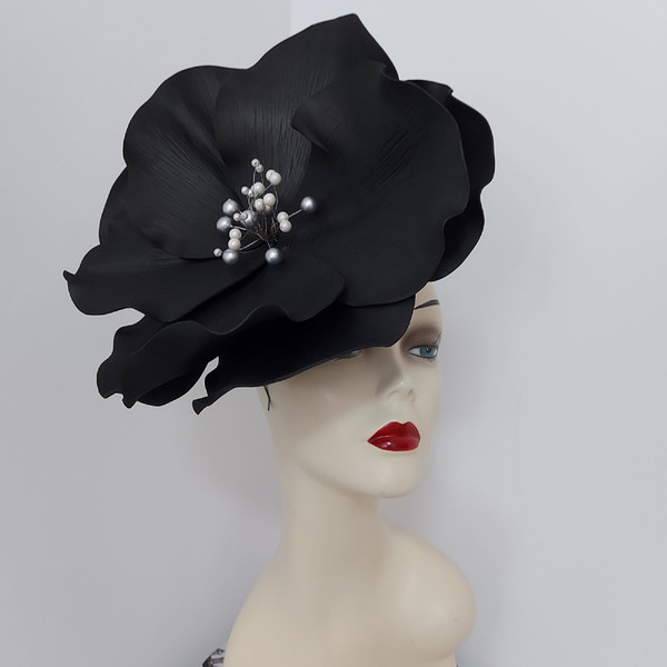 Black poppy fascinator ,black magic wedding flower Church hat.jpg