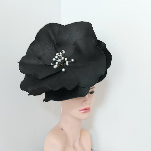 Giant black poppy fascinator with mirror middle Black flower Hair clip, Church hat Halloween headdress Gothic style.jpg