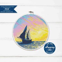Sea Ship Cross Stitch Pattern Sailing Ship xStitch Design Seascapes Embroidery Ocean Sunrise Hoop Art Sea Sunset PDF
