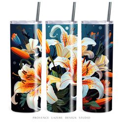 White Lilies Modern Art 20 oz Skinny Tumbler Sublimation Digital Design Instant Download DIGITAL 20 oz Tumbler Wrap PNG