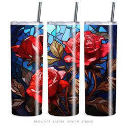 Stained Glass Red Roses 20 oz Skinny Tumbler Sublimation Digital Instant Download 20 oz Tumbler Wrap Floral Design Roses