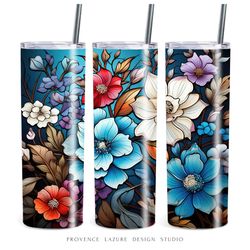 Stained Glass Blue Flowers 20 oz Skinny Tumbler Sublimation Digital Instant Download 20oz Tumbler Wrap Floral Design PNG