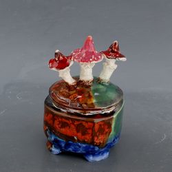 Ceramic box, Mushroom figurines, Jewelry box, Fly agaric, Ring holder Ceramic amanita Witch style Gift for her