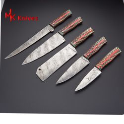 whole kitchen knife set, new design, damascus chef set damascus chef set of 5 handmade pieces with leather mk0006