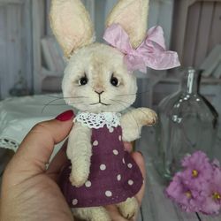 Miniature teddy bunny. Dressed bunny girl. Bunny in a dress. Cute bunny toy. Handmade toy. New year gift for mom.