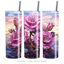 Stained Glass Pink Roses 20 oz Skinny Tumbler Sublimation Digital Instant Download 20oz Tumbler Wrap Floral Design Roses