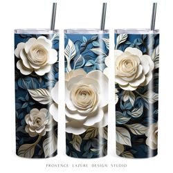 3d White Flowers 20oz Skinny Tumbler Sublimation Digital Design Instant Download Abstract Roses 20oz Tumbler Wrap PNG
