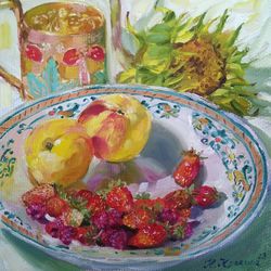 strawberry still life, fruits sunflower original oil painting, fine art tea cup