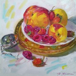fruits raspberry still life, berries original oil painting, fine art