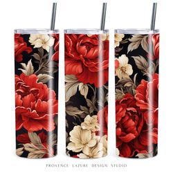 Vintage Damask Red Flowers 20 oz Skinny Tumbler Sublimation Digital Design Instant Download Floral 20oz Tumbler Wrap PNG