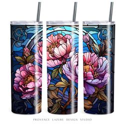 Peonies Stained Glass 20 oz Skinny Tumbler Sublimation Digital Instant Download 20 oz Tumbler Wrap Peony Floral Design