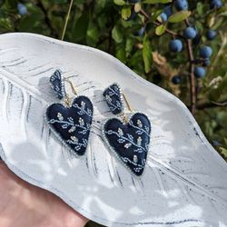 Large heart embroidered earrings in dark blue color