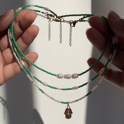 Green pearl necklace set Dainty jewelry Chokers Tibetan style Beach water resistant necklaces Aesthetic necklace