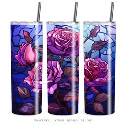 Stained Glass Night Purple Roses 20 oz Skinny Tumbler Sublimation Instant Download 20oz Tumbler Wrap Floral Design Digit