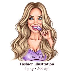 INSTANT DOWNLOAD. Cartoon print of a fashion girl with macaroon in PNG format, different hair colors