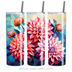 Modern Art Dahlia Flowers 20 oz Skinny Tumbler Sublimation Digital Instant Download 20 oz Tumbler Wrap Floral Design PNG
