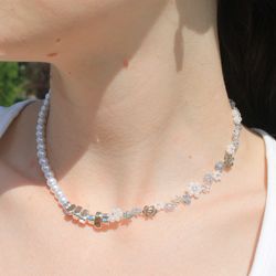 The Necklace Is Half Pearl And Half Floral Grey Necklace Pearl Necklace Half Necklace Handmade Necklace Choker Gift