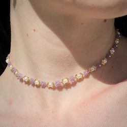 Purple and pearl necklace Handmade seed bead necklace Flower liac choker Dainty necklace Cute beauty necklace