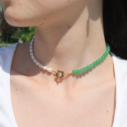 Necklace half pearl and half green quartz Pearl necklace Green quarz necklace Handmade jewelry Fashion necklace Chokers