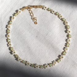 Green Stone Necklace Flower Necklace With Green Stone Cute Necklace Beaded Choker Seed Bead Necklace Gift For Her