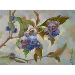 Blueberry Fruit Branch Painting Original Wall Art Small Artwork 7x9,5" (18 x 24cm) by Svetlana