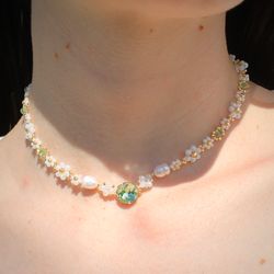 Shining green floral necklace Stone necklace Handmade flower necklace Beaded choker Dainty seed bead necklace Gift for