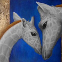 Original animal art Giraffes oil painting on canvas Mixed media wall art Blue and gold Contemporary artwork