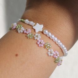moonlight pink and green flower bracelet pink bracelets moonlight bracelets bracelets set floral bracelet dainty
