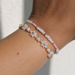 pink stone bracelets set flower bracelets seed bead bracelet floral handmade bracelets dainty beaded bracelets bracelets