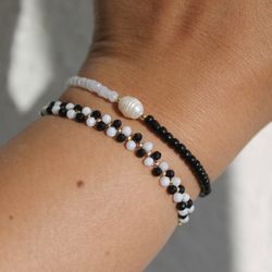 bracelet with a chess patter dainty bracelets set seed bead bracelet pearl bracelet black bracelets set jewelry gift