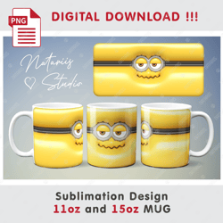 Inspired Minion Template - Funny Minion Face - 3D Inflated Puffy Style - 11oz 15oz MUG - Digital Mug Wrap