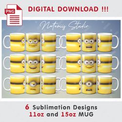 6 Inspired Minions Sublimation Designs - 3D Inflated Puffy Bubble Style - 11oz 15oz MUG - Digital Mug Wrap