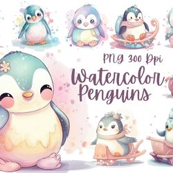 cute penguin clipart for sublimation, watercolor penguin png design, soft pastel penguin graphic, penguin illustration