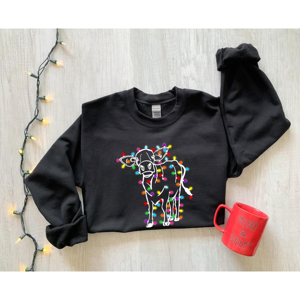 Christmas Sweatshirt, Cute Cow Christmas Sweatshirt, Merry Christmas, Holiday Gift, Happy New Year, Christmas Gift, Christmas Light - 1.jpg