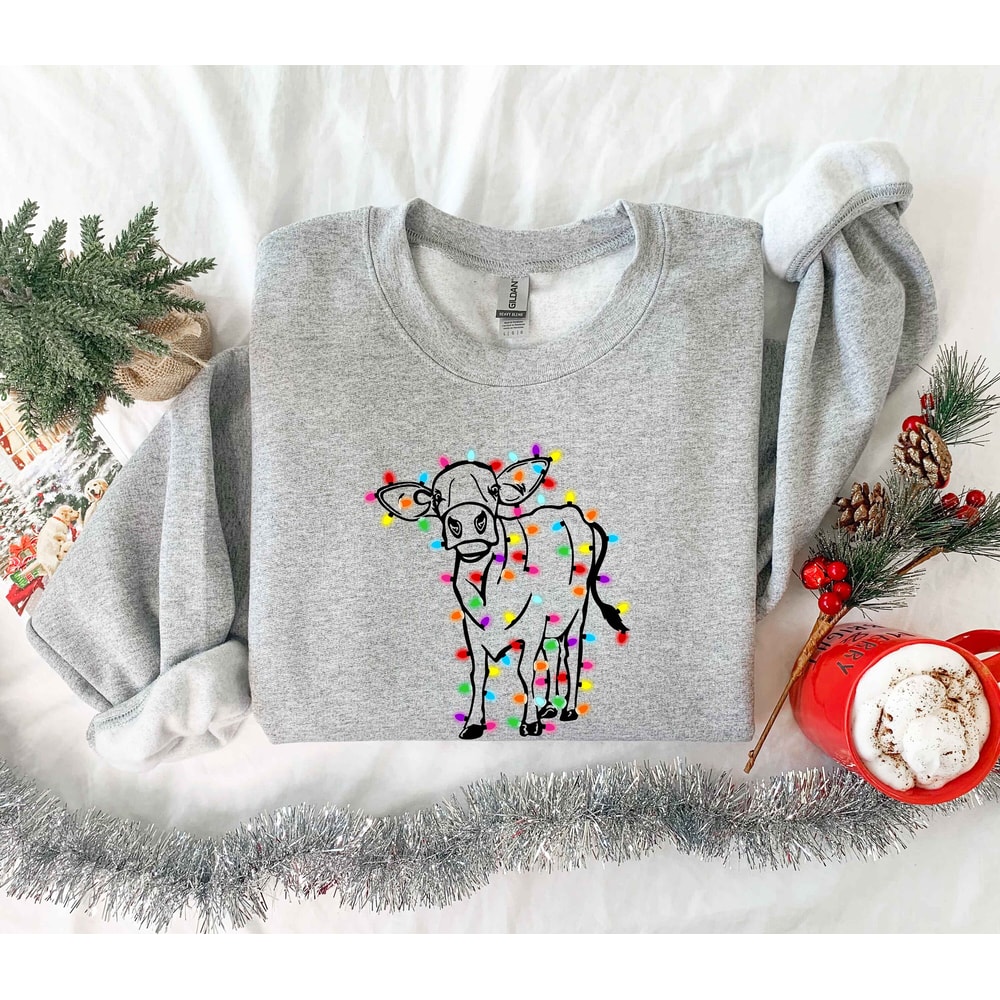 Christmas Sweatshirt, Cute Cow Christmas Sweatshirt, Merry Christmas, Holiday Gift, Happy New Year, Christmas Gift, Christmas Light - 4.jpg