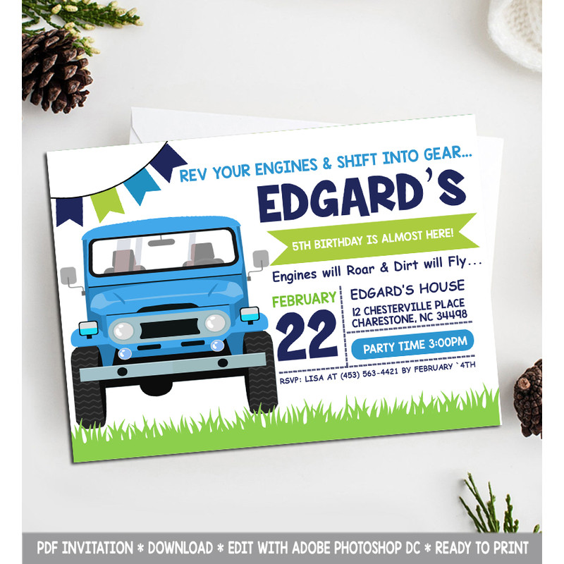 Jeep Birthday Invitation Truck Birthday Invitation Boy Birthday Monster Truck Birthday Invite Dirt Invite Digital File Busy bee's Happenings.jpg