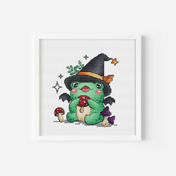 Witchy Frog Cross Stitch Pattern, Halloween Magic Frog, Magic Mushroom Autumn Printable Instant Download PDF Design DIY