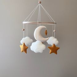 Stars and moon baby mobile in the crib, baby mobile with stars , gift for baby shower, nursery decor, Mobile neutral