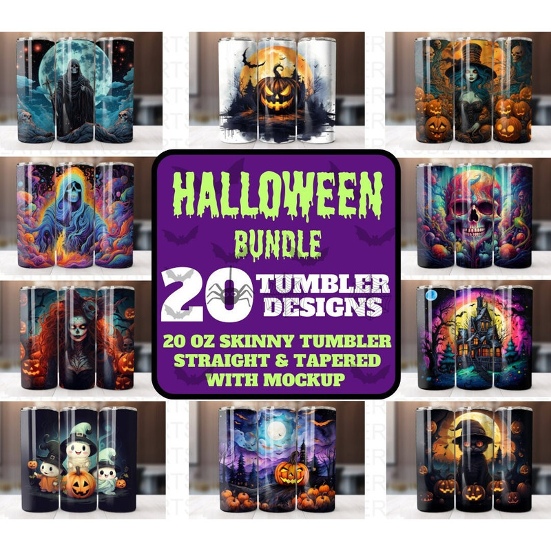 Halloween 20 Oz Tumbler Wrap Bundle, Pumpkin, Tumbler Wraps, Vibrant Wrap, Halloween, Alcohol Ink, Watercolor, Neon, Sublimation Files - 1.jpg
