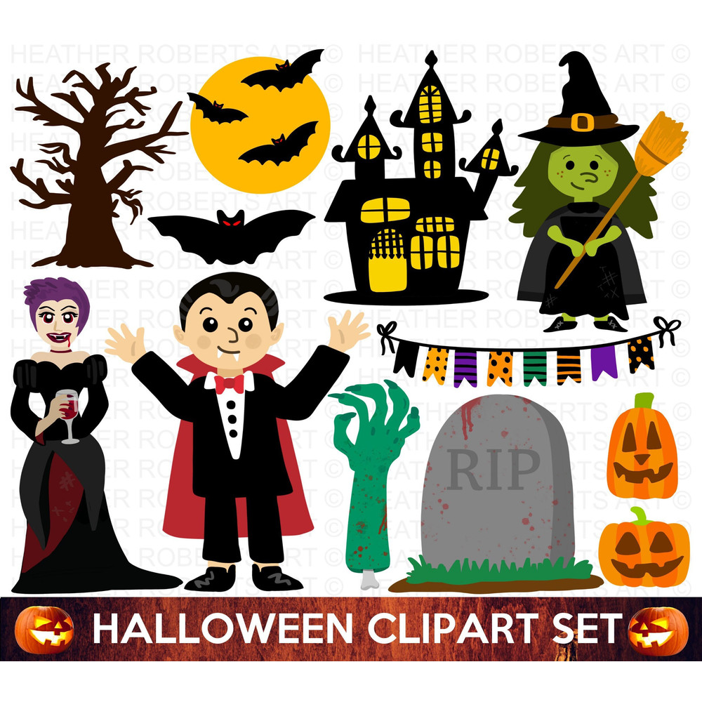 Halloween Clipart Set, Halloween PNG, Cute Halloween Clipart Set, Witch PNG, Vampire PNG, Halloween Decorations, Stickers, Sublimation Files - 1.jpg