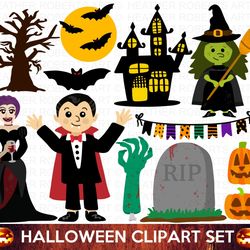 Halloween Clipart Set, Halloween PNG, Cute Halloween Clipart Set, Witch PNG, Vampire PNG, Halloween Decorations, Sticker