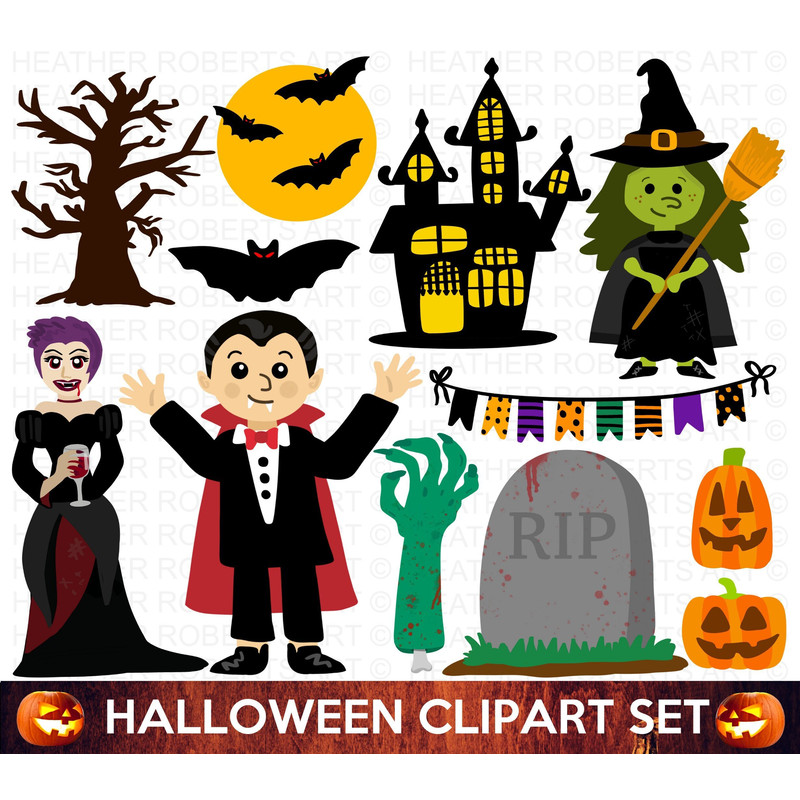 Halloween Clipart Set, Halloween PNG, Cute Halloween Clipart Set, Witch PNG, Vampire PNG, Halloween Decorations, Stickers, Sublimation Files - 1.jpg