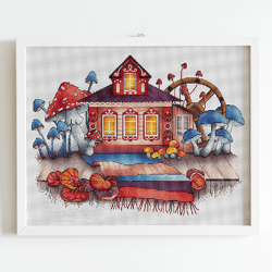 mushrooms cross stitch pattern pdf, cozy autumn house counted cross stitch, amanita embroidery pattern fall decor design