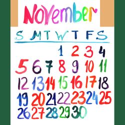 November 2023 watercolor lettering bright calendar | November 2023 cute colorful painted calendar (sketch style)