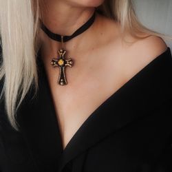 Velvet choker cross, black embroidered choker, handmade choker, halloween necklace for women, girlfriend gift