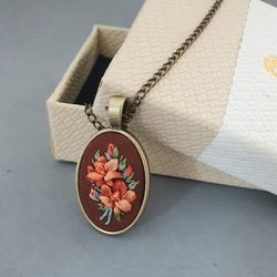 Ribbon embroidered pendant for her,  4th wedding anniversary gift, custom embroidery bouquet
