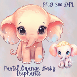 Watercolor Baby Elephant Clipart Png,pastel orange elephant,Cute Elephant,Elephant png, safari animal,africa