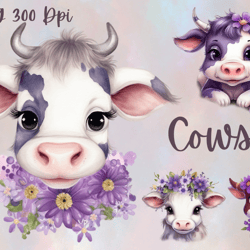 Cow clipart,Cute Cow,Cute Animal with flowers,PNG format instant download for commercial use