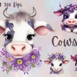 cow clipart,cute cow,cute animal with flowers,png format instant download for commercial use