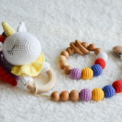Rainbow unicorn crochet rattle, unicorn gift set or baby box for newborn and unicorn baby shower gift